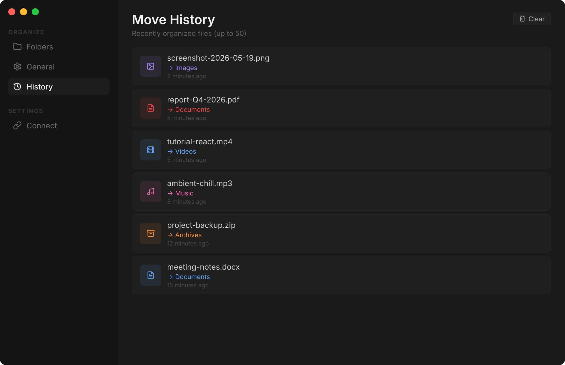 Ornix Move History - files sorted by type