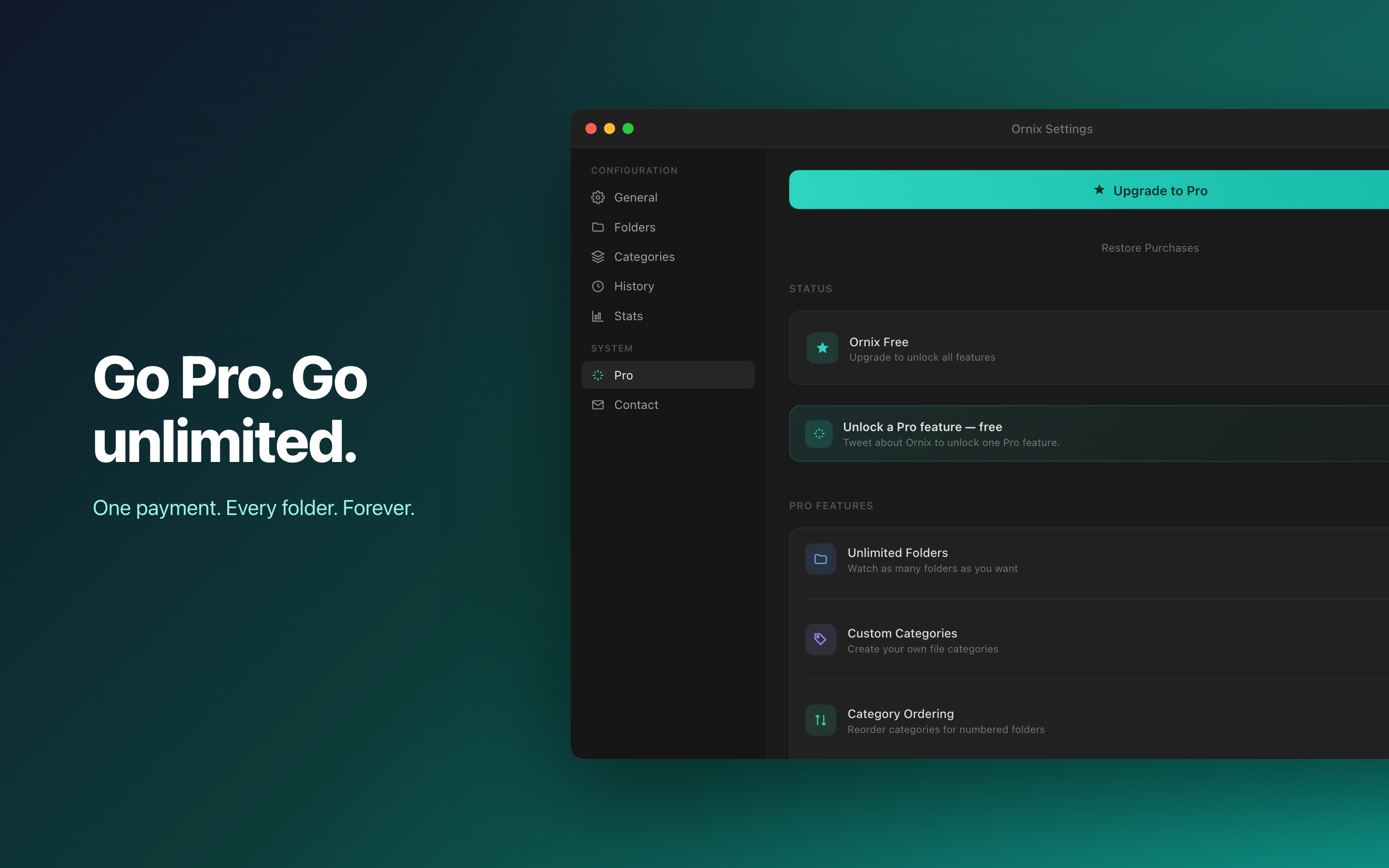 Ornix menu bar app with history log showing sorted files