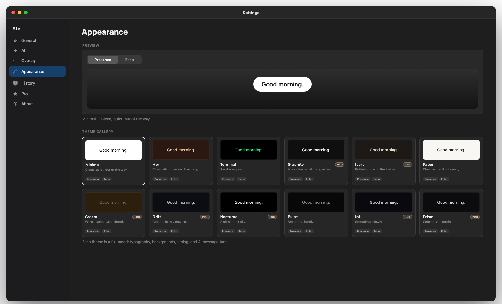 Stir Settings Appearance tab showing the Presence preview and a grid of theme cards including Minimal, Her, Terminal, Graphite, and Ivory
