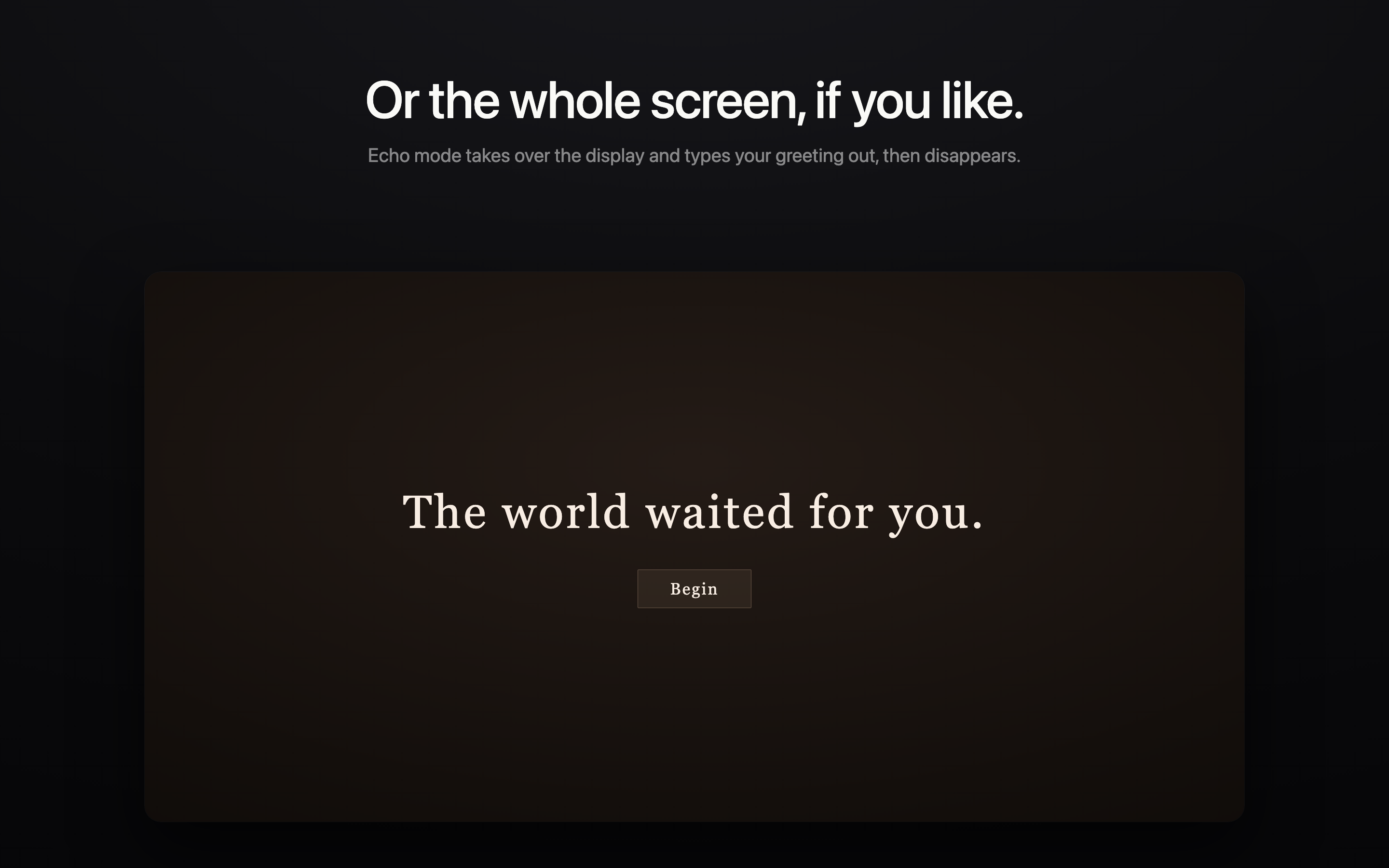Stir Echo mode fullscreen overlay reading "The world waited for you." with a Begin button