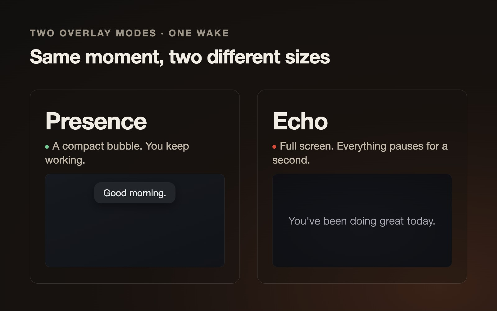 Presence and Echo, the two overlay modes in Stir, shown side by side