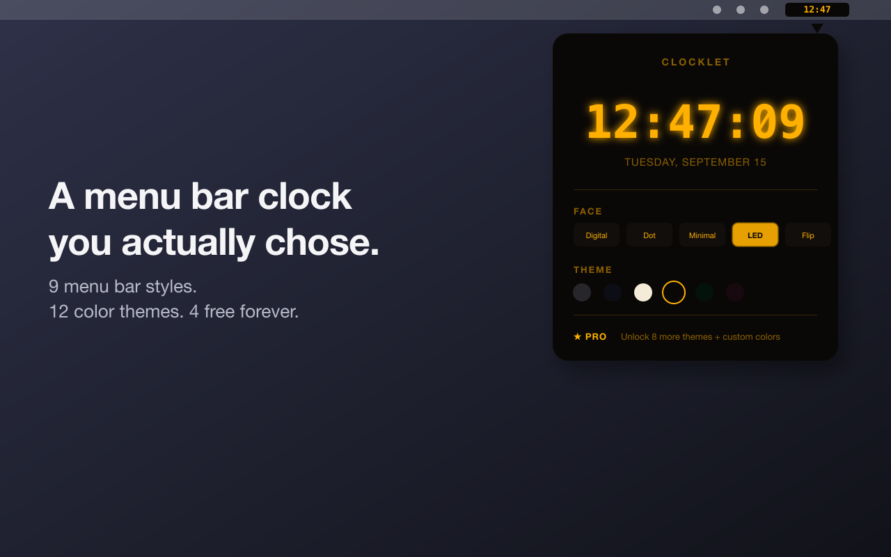 Clocklet popover open below the menu bar, showing the LED face in Amber CRT with the face row and theme swatches underneath