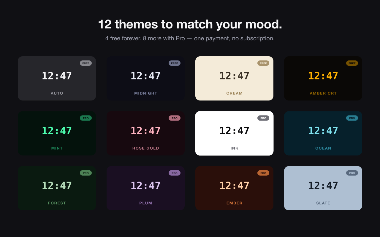 All 12 Clocklet themes shown as a grid of clock tiles, the four free ones on the top row and the eight Pro ones below