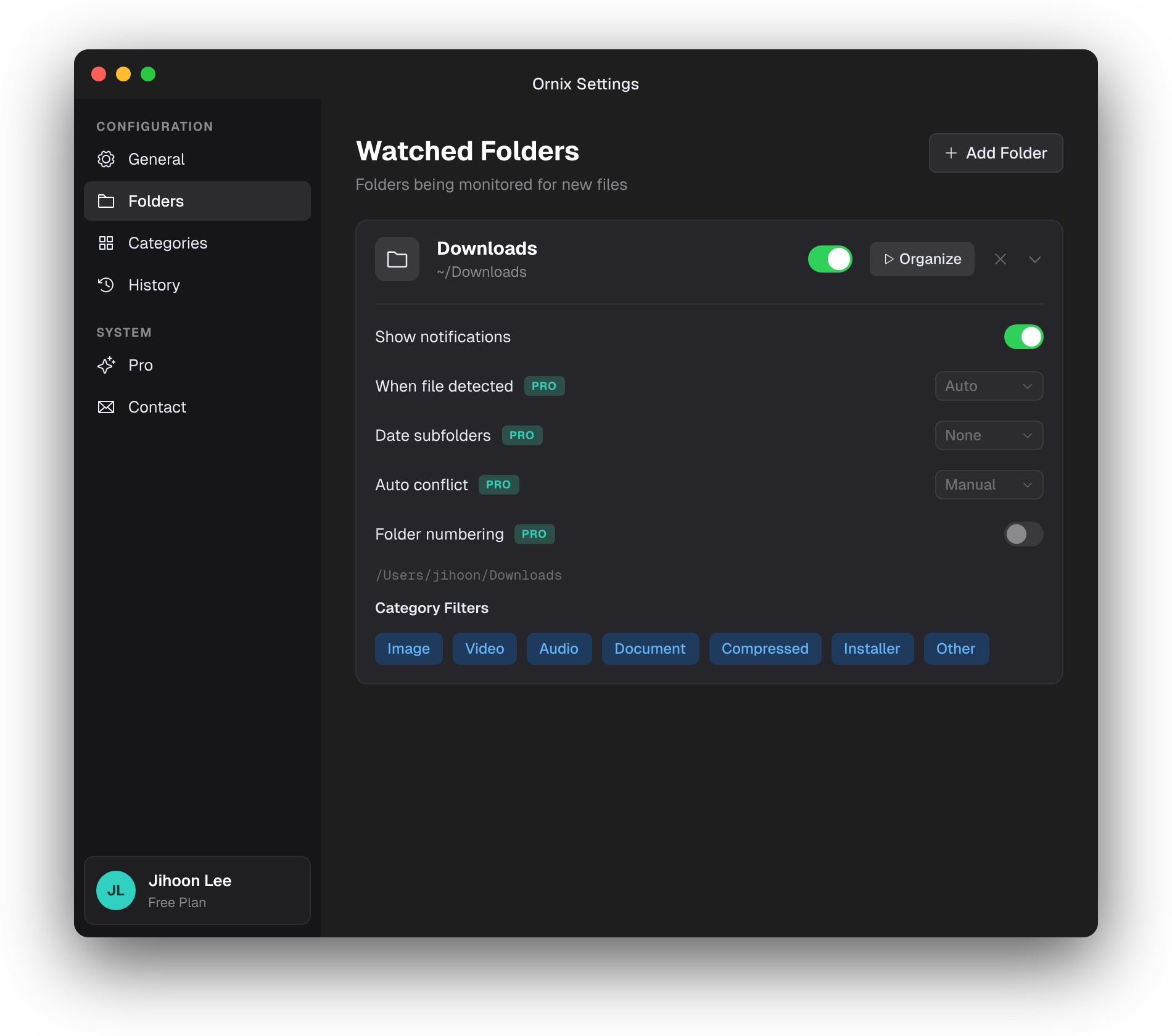 Ornix Settings window - watched folder configuration with category filters