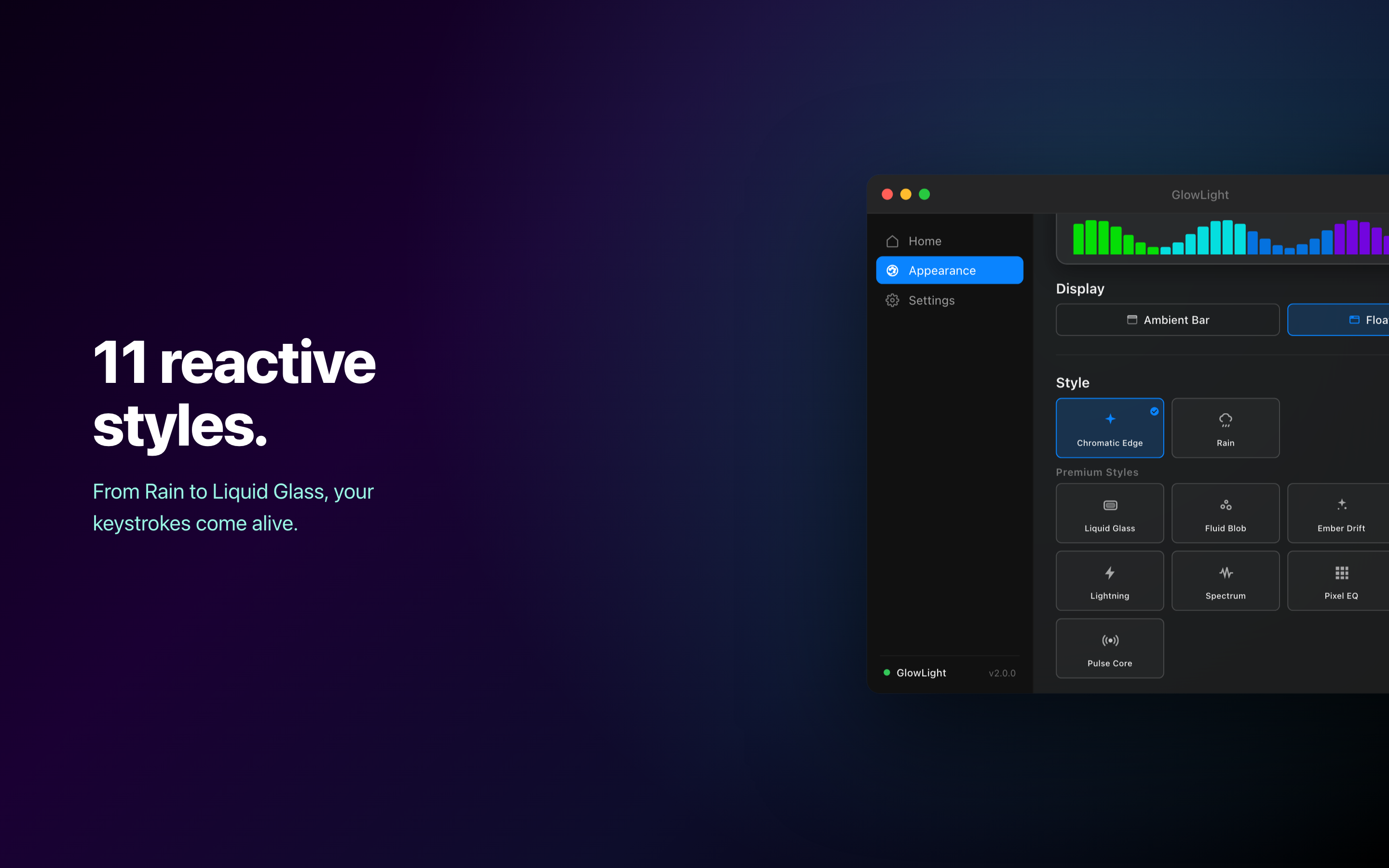 GlowLight 2.0 style selection showing all 11 reactive visualization styles including Chromatic Edge, Rain, Liquid Glass, and more