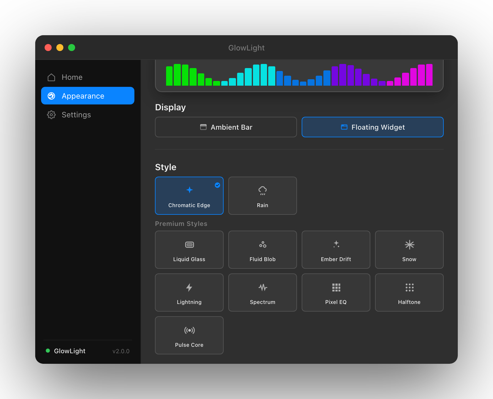 GlowLight 2.0 Appearance panel showing Ambient Bar and Floating Widget toggle with style selection grid