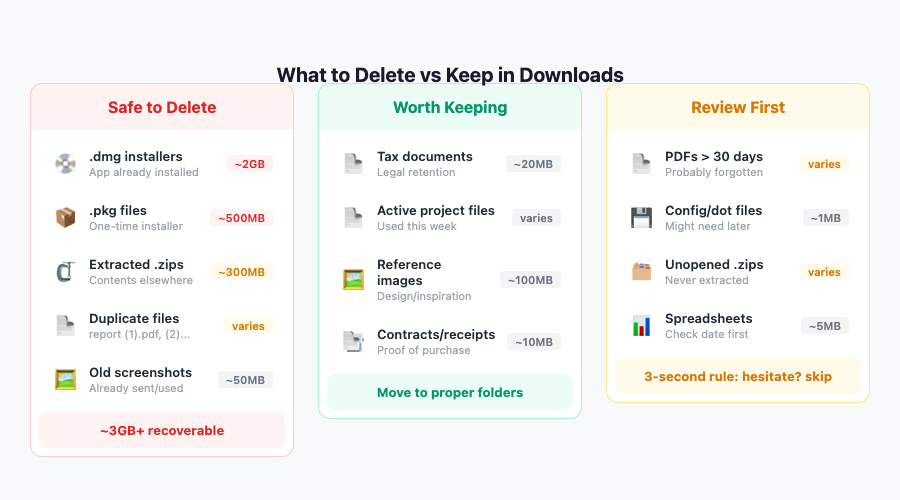 What to delete vs keep in your Downloads folder - a visual guide showing safe deletes, keepers, and files to review