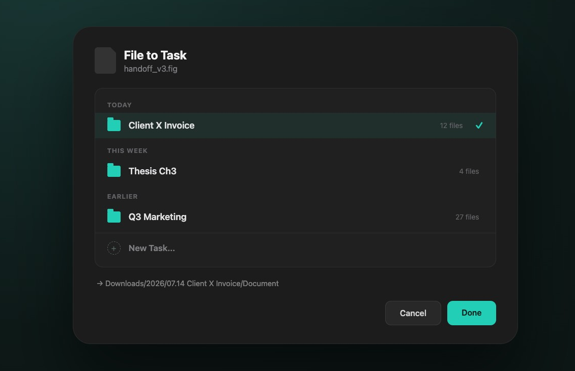 Ornix's File to Task picker, listing existing tasks grouped by date with a file count each, plus a preview of the resulting folder path