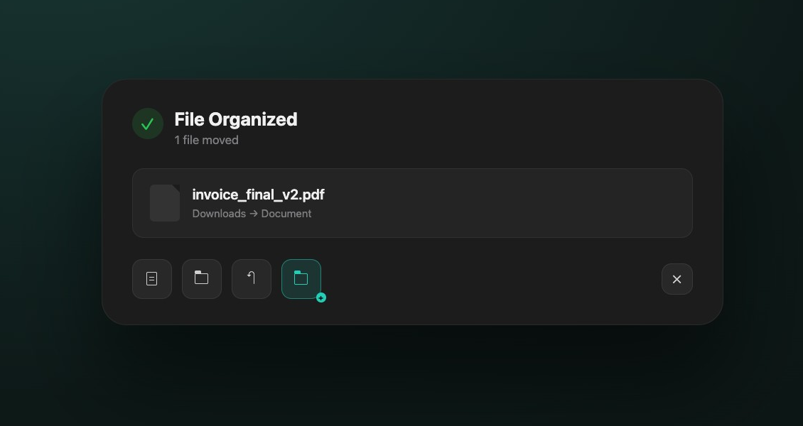 Ornix's confirmation card right after organizing a file by category, with icon buttons for opening the file, opening the folder, undoing the move, and moving it elsewhere