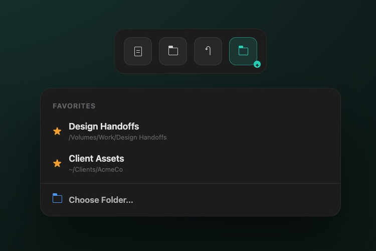 Ornix's folder picker popover, opened from the folder icon in the action card, showing starred Favorites with their paths above a Choose Folder option