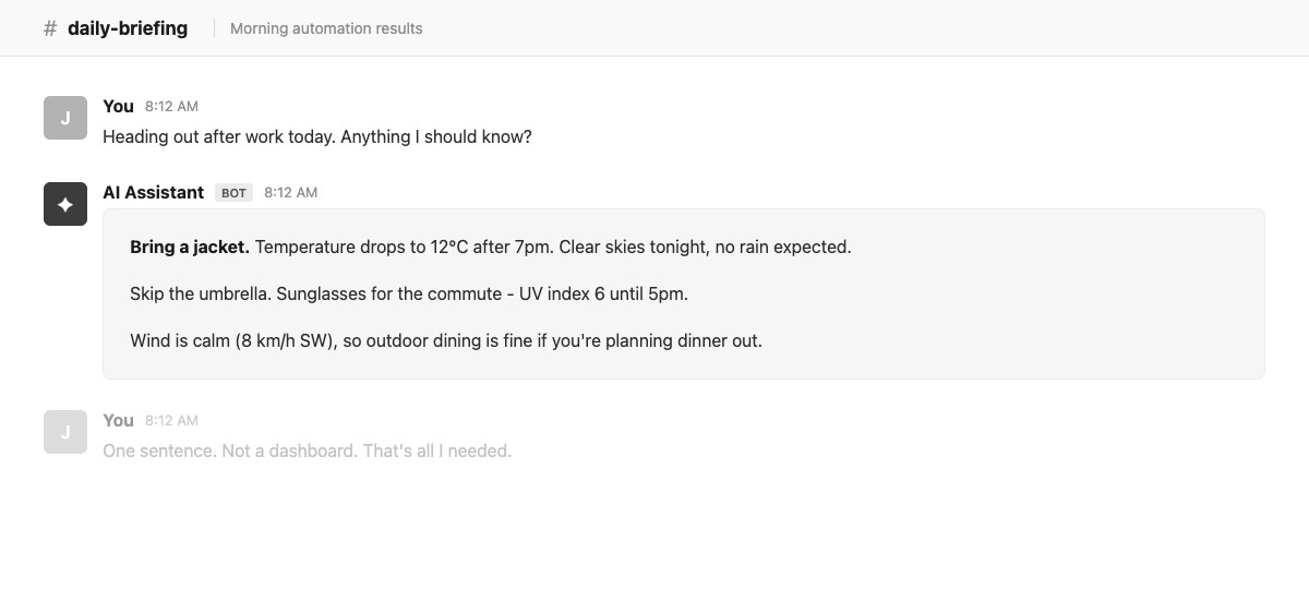 AI weather assistant in a Slack-style chat
