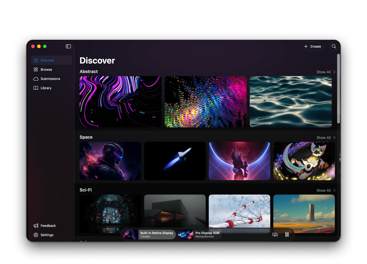 Backdrop wallpaper browser with categories like Abstract, Space, and Sci-Fi