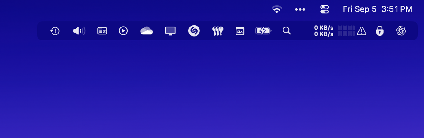 Bartender's secondary bar showing all hidden menu bar icons